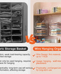 Comparison of fabric storage basket vs Six Tier Closet Hanging Organizer With Four Heavy Duty Hooks And Five S Hooks, showcasing design and load capacity differences.
