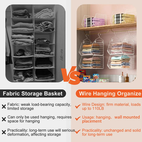 Comparison of fabric storage basket vs Six Tier Closet Hanging Organizer With Four Heavy Duty Hooks And Five S Hooks, showcasing design and load capacity differences.