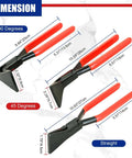 Three Piece Sheet Metal Bending Pliers Set For Roofers And Plumbers, featuring 90°, 45°, and straight hand seamers with dimensions