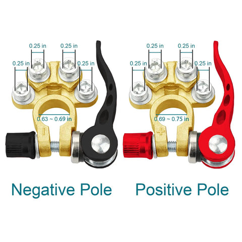 4 Way Quick Release Battery Terminal Connectors For SAE JIS Type A Posts, Positive and Negative Cable Ends, Heavy Duty Copper, 2 Pack