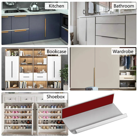 12 Pack Self Adhesive Drawer Pulls 3.15 Inch Silver Finger Edge Cabinet Handles shown on kitchen, bathroom, wardrobe, and more