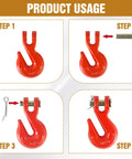 Illustrated assembly steps for Four Pack One Quarter Inch Clevis Grab Hooks G70 Heavy Duty Forged Steel Red Powder Coated For One Quarter Inch Chain.