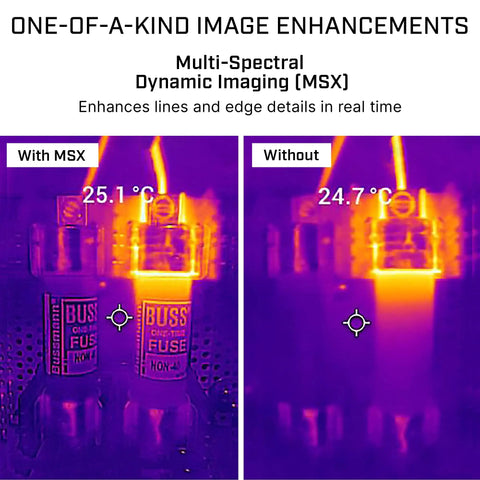 Comparison of thermal images with and without MSX detail using C5 Compact Thermal Imaging Camera With WiFi, High Resolution Infrared Imager For Quick Checks, Electrical And Mechanical Work, Building And HVAC Troubleshooting, MSX Detail Boost, -20 To 400 C.