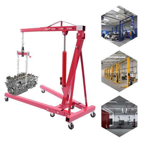 Heavy Duty 2 Ton Hydraulic Engine Hoist With Adjustable Boom And Smooth Rolling Casters, Folding Shop Cherry Picker Crane rated for 4400 lbs lifting engine.