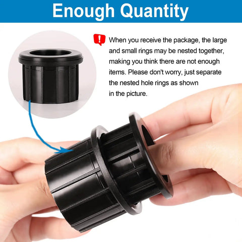 Person demonstrating how to separate nested rings from Umbrella Base Replacement Parts Kit with Ring Plugs and Two M8 Threaded Knobs.