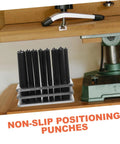 Non Slip Positioning Cylindrical Punch Set With Base on a workshop table for precise marking and transfer 28 piece kit