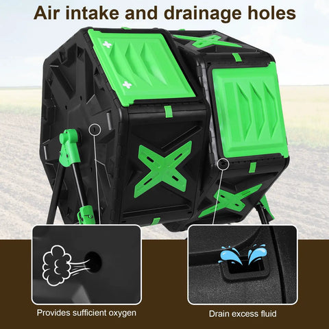 Dual Chamber 140L Outdoor Tumbling Compost Bin with green panels showing air intake and drainage holes for easy batch composting