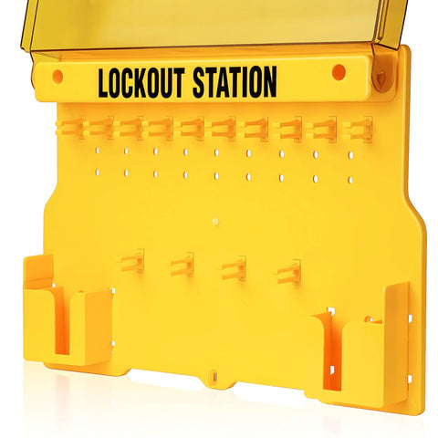 Lockout Tagout Station Wall Mount Board For Ten Safety Locks with yellow wall mount design and lock holders