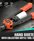 DNA Motors Heavy Duty Rivet Gun With Collection Bottle Tool Set, close-up view with padded handles and steel build.