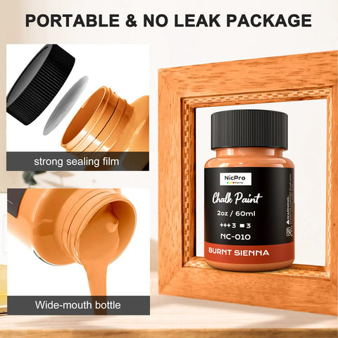 14 Top Shelf Matte Chalk Paint Bottles Built For Zero Sweat Furniture Renovations Paired With A Genuine Liquid Wax Compound To Shield Your Sweet Home Decor From Daily Wear And Tear, featuring portable 2 oz Burnt Sienna bottle with wide-mouth and leak-proof design.
