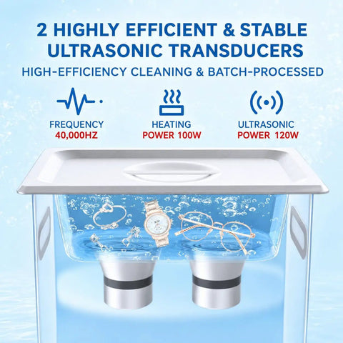 Top Tier Three Liter Ultrasonic Cleaner With Quick Heat Mode And Digital Timer, Straight Up 40 Khz Deep Wash scrubbing jewelry and eyewear in water.