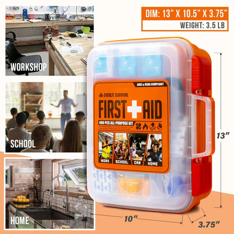 Front view of EVERLIT 400 PCS OSHA compliant first aid kit in a clear case with orange latch for wall mounting