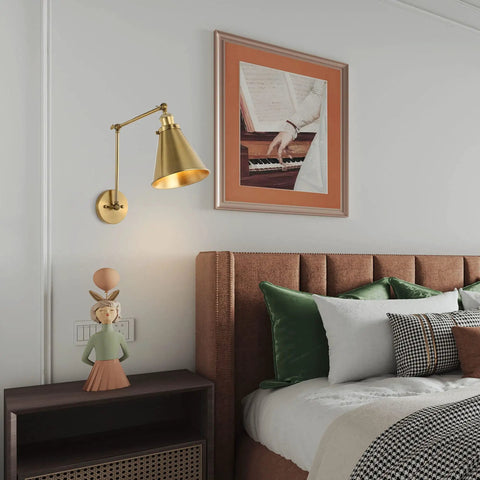Swing Arm Wall Lamp In Warm Brass Gold Finish With Up And Down Lighting Adjustable Metal Shade For Bedroom Nightstand Reading