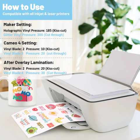 Printable Vinyl Sticker Paper For Inkjet Printers Glossy White 8.26 X 11.69 Inches A4 Size in printer with instructions and stickers