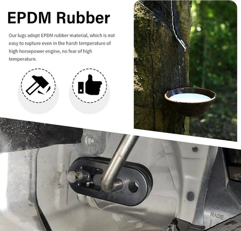 Heavy Duty Rubber Exhaust Hanger Kit 8 Pieces With 4 Hole Adjustable Muffler Hangers And 2 Hole Options in use, EPDM material focus