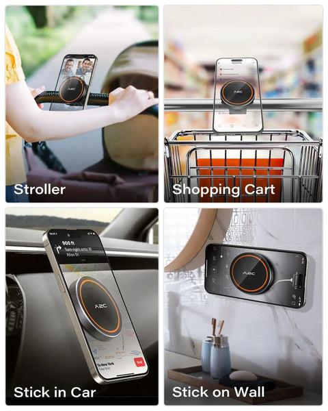 MagSafe Gym Phone Mount With 17 N54 Strong Magnets Adjustable Strap on stroller, shopping cart, car, and wall surfaces.