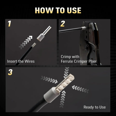 Instructional steps for 2000 PCS Wire Ferrule Kit With AWG 22 To 10 Premium Wire End Terminals And Connectors.