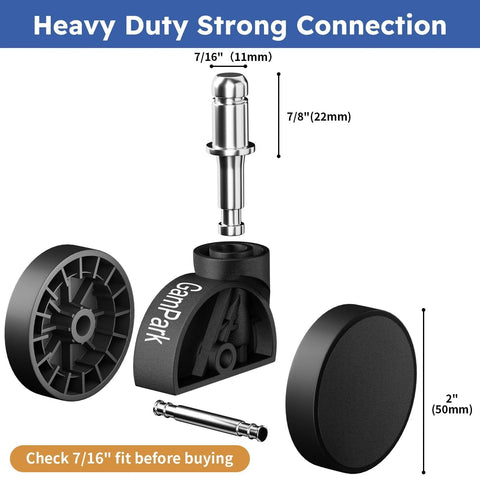 GamPark 2-inch black solid-plastic office chair caster wheels, front view, set of 5 with metal stems