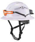 Skullerz 8886 Wide Beam Headlamp With Hard Hat Mount shown on white safety helmet, rechargeable power bank attached, coiled cable visible