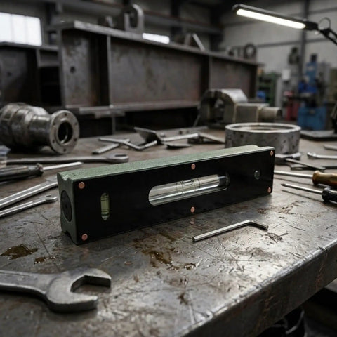 Machinist For Spirit Level, 0.02mm Steel Level For Machine Tool Alignment on a workbench with tools.
