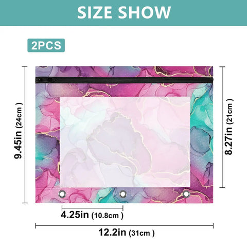 Colorful Zippered Coupon Binder Case for School and Office Use with pink purple teal accents, dimensions shown, 3-ring fit