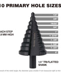HSS step drill bit set, Jerax Tools, 10-step sizes 1/4" to 2", black high-speed steel with 1/2" tri-flatted shank