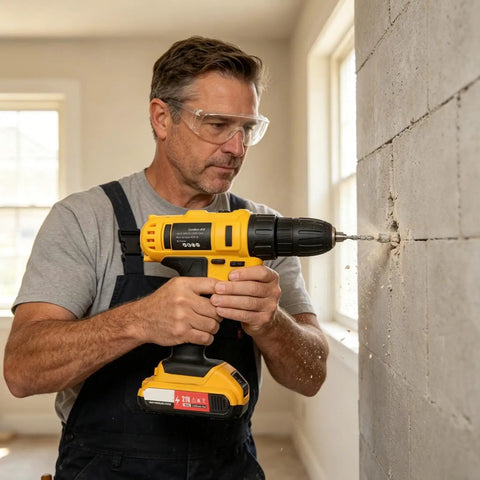 Rugged Cordless Power Drill With Comfortable Ergonomic Grip And Serious High Torque Motor For No Fuss Quick Chuck Bit Swaps Designed For Weekend Handy Folks And Home Woodworking Jobs That Really Pack A Punch, man drilling into concrete wall.