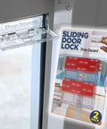 Foolproof Sliding Door And Window Locks Two Pack Toddler And Pet Safe Catch adhesive lock installed on glass door.