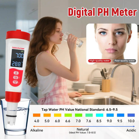 Image of a 4 In 1 Pool Water Tester With PH EC TDS And Temperature LCD Display No Fuss Easy Read Digital Meter next to a woman drinking water in a kitchen.