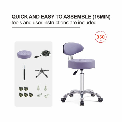 Pneumatic Height Adjustable Rolling Swivel Stool With Ergonomic Backrest And Heavy Duty Metal Base 360 Degree Rotation Made For Salon Massage Shop And Kitchen Durable Purple Seat with assembly components.