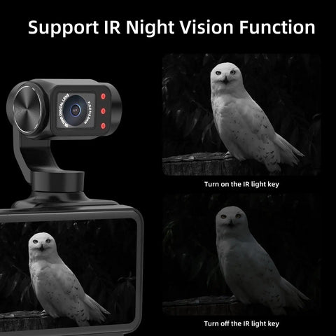 Handheld Gimbal Camcorder With 3-Axis Stabilization, IR night vision of owl on 3.5 inch rotating touch screen.