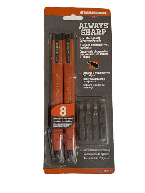 Packaging of AlwaysSharp Refillable Mechanical Carpenter Pencil Two Pack With Eight Replacement Black Graphite Tips And Pocket Clip