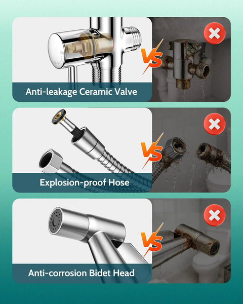 Comparison of anti-leakage ceramic valve, explosion-proof hose, and anti-corrosion bidet head for Handheld Bidet Sprayer Kit