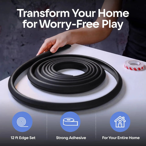 No Sweat Heavy Duty Edge Protector For Baby Proofing Main Home With Grip Tight 3M Tape And Waterproof Non Toxic Foam Padding For Sharp Furniture Corners Rugged Toddler Safe Wall Edge Wrap In Rich Black, 12 ft roll with strong adhesive.