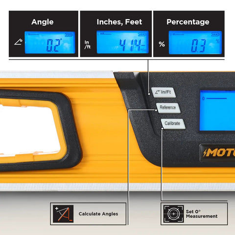 Close-up of 24 Inch Digital Level 0 To 180 Degrees With Large LCD Readout And Audible Alerts, Water Dust And Shock Resistant.