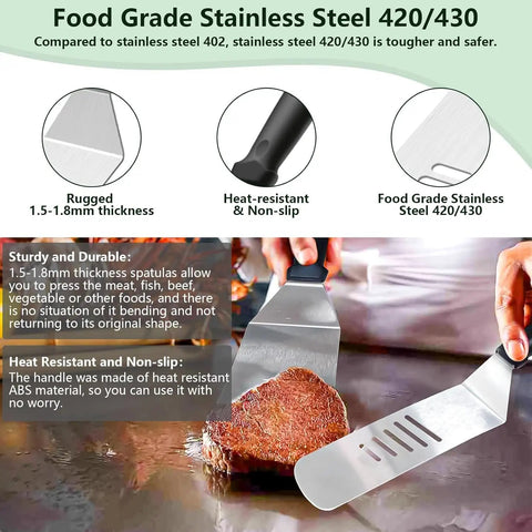 Person using spatula from All In One 45 Piece Griddle Accessories Kit For Flat Top Grills Upgraded Spatula Set; 420/430 stainless steel