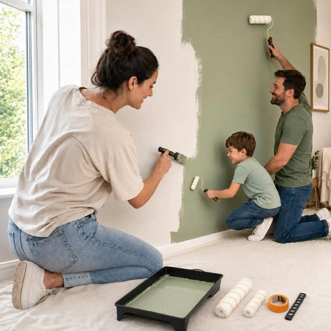 Top Shelf DIY Home Improvement Paint Roller Kit With Wired Cage Trays Sturdy Angled Brushes Nine And Four Inch Rollers Heavy Duty Masking Tape And Mixing Wand For Buttery Smooth Walls, family painting wall with rollers.