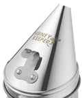 Close-up of stainless steel Pro Grade Beehive Smoker with logo and heat shield for safe hive inspections and calming bees.