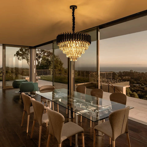 15 Inch Five Light Modern Crystal Chandelier With Three Tier Black And Gold Finish in a dining room setting.