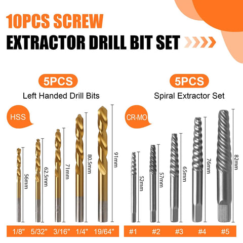 Left Hand Screw Extractor Set For Stripped Screws And Broken Bolts, 10 Piece Cobalt HSS Drill Bit Kit Display