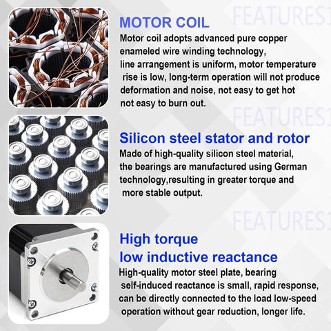 Features of NEMA 23 dual shaft stepper motor: copper motor coil, silicon steel stator and rotor, high torque, low inductive reactance