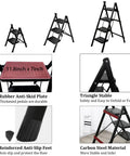 3 Step Folding Ladder Step Stool With Wide Anti Slip Pedal Portable Sturdy Steel Frame Built To Last 200 Lbs Capacity Lightweight Design shown at various angles with close-ups on stable frame and rubber feet, ideal for household tasks.