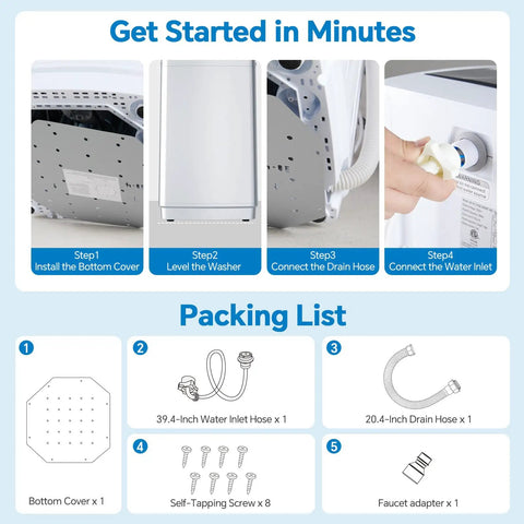 Installation guide for Compact Portable Washing Machine With Full Automatic 1.06 Cubic Feet Capacity And 10 Wash Cycles.