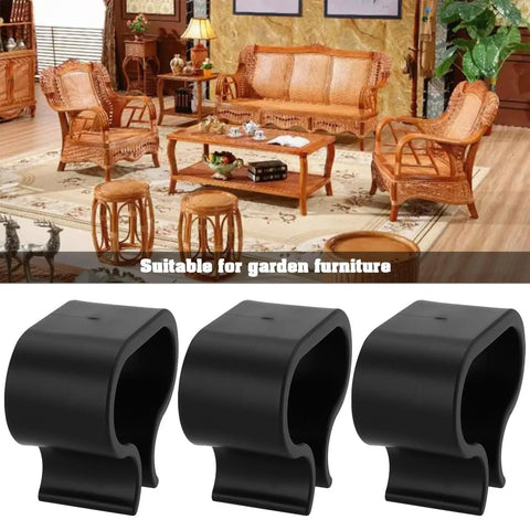 Pack Of 10 Non Slip Furniture Clips For Chairs And Sectionals Durable Patio Clip Set For Rattan And Garden Furniture Quick Alignment Connectors 6.8x6cm Keeps Outdoor Seating Stable And Stays Put showing three clips on a background of a rattan furniture set