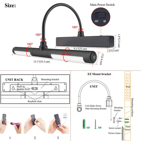 Rechargeable Picture Light With Remote For Paintings And Wall Art product components and installation diagram.