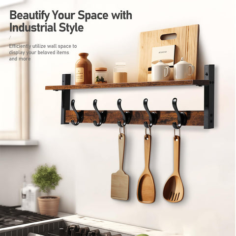 29 Inch Rustic Wall Coat Rack With Shelf And Hooks Entryway Organizer For Living Room Bedroom Or Bathroom Heavy Duty Black Finish 80 Lbs Capacity Perfect Storage And Display