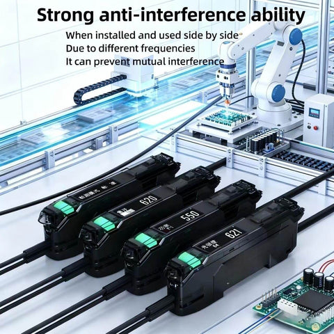 Go-To NPN Fiber Optic Sensor With LED Dual Digital Display And High Definition Readouts installed in industrial automation setup.