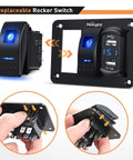 2 Gang Rocker Switch Panel All In One With Dual USB Charger And Volt Meter Waterproof 12V 24V DC For Cars Trucks Boats RVs Marine Outdoor Use Night Glow Stickers black switch panel with blue LED and USB ports