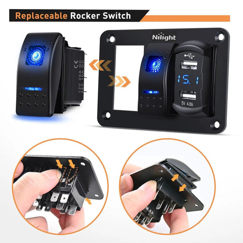 2 Gang Rocker Switch Panel All In One With Dual USB Charger And Volt Meter Waterproof 12V 24V DC For Cars Trucks Boats RVs Marine Outdoor Use Night Glow Stickers black switch panel with blue LED and USB ports