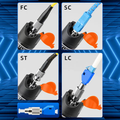 Fiber Optic Troubleshooting Kit Pro Grade With 30Km VFL Visual Fault Locator And 650nm Light, LC SC FC Adapter Set, Couplers, Cleaners, Dust Caps, And Short Patch Cords For Locating Breaks, Bends, And Faults showing FC, SC, ST, LC adapters